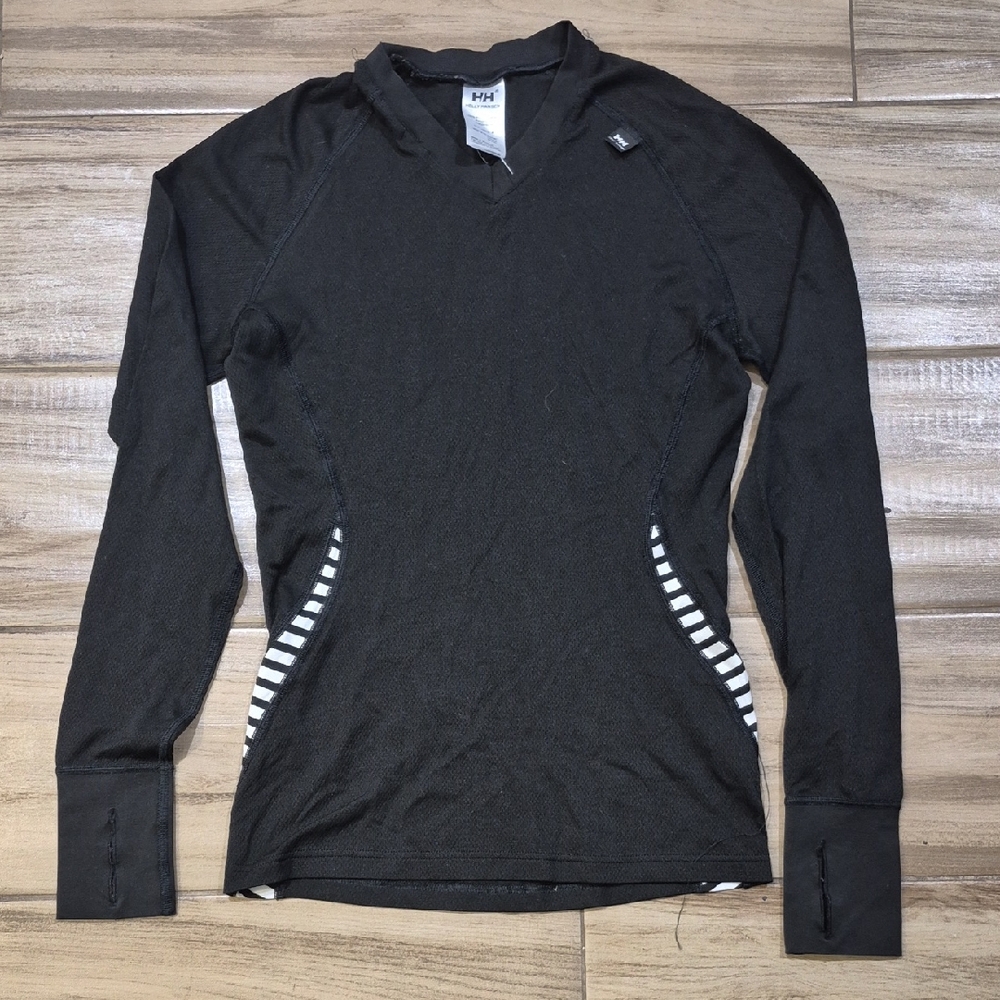 HELLY HANSEN Long Sleeve V-neck Womens M Black Striped Thumb hole Base Layer Tip
